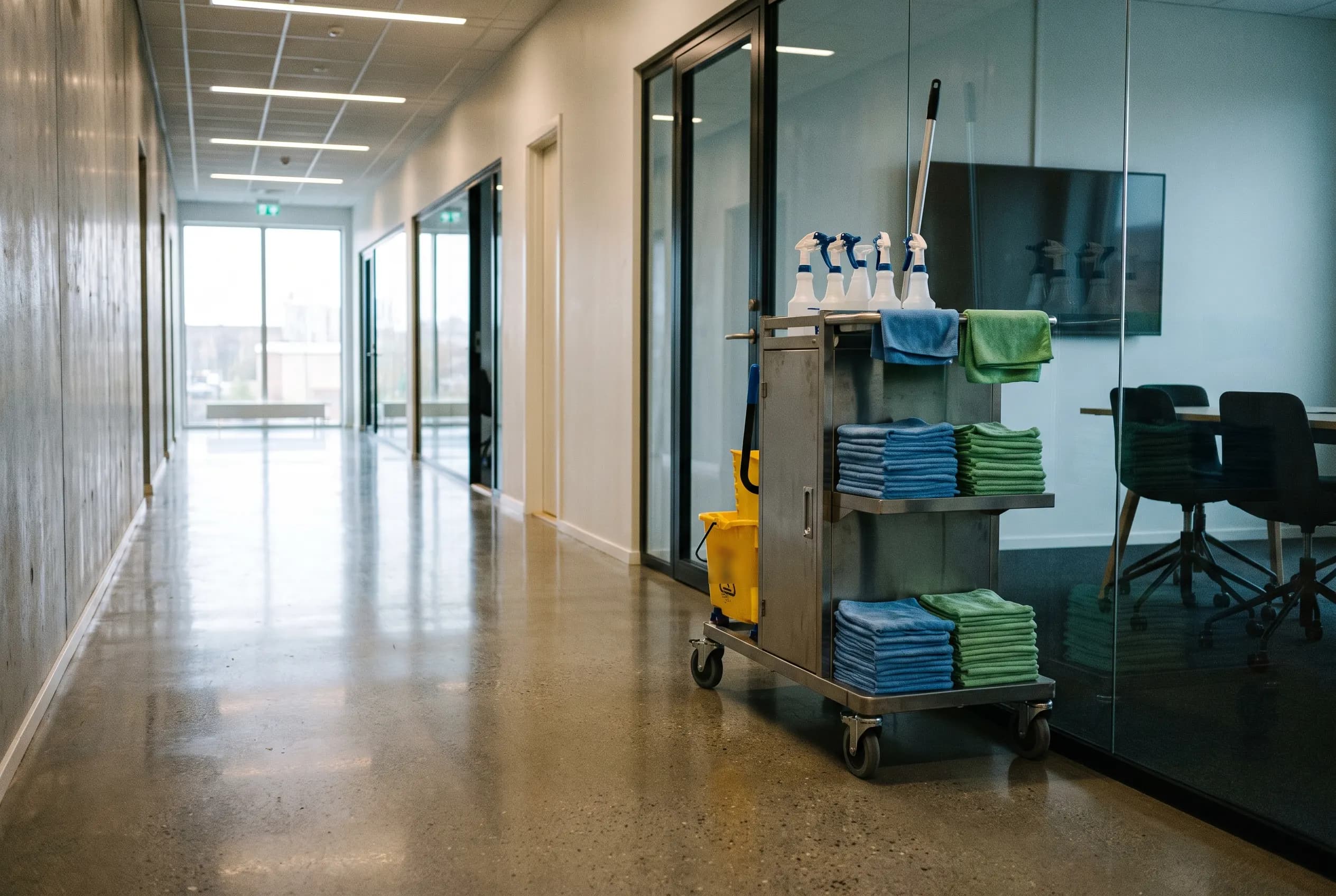 AI-genererad miljöbild: en nystädad kontorskorridor med en städvagn